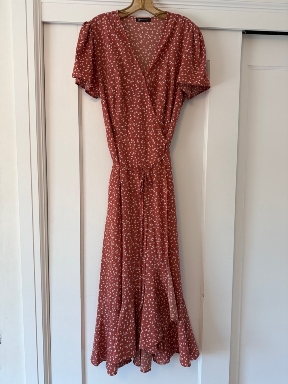 Ditsy Print Rust Wrap Midi Dress with Tie Waist